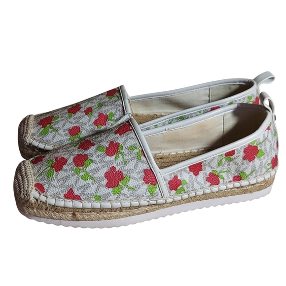 Michael Kors Lenny Peach Pink Red Floral Elastic Gored Slip-On Espadrilles Flats - Picture 1 of 14